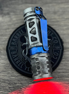 BATTLE DRIOD BARREL Non Vented Aluminum Rail with Dragon Driver with Red Secondary with Battle Distress Blue Ano Ti Ring and Clip