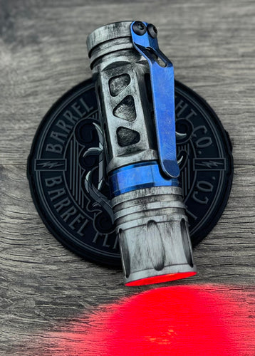 BATTLE DRIOD BARREL Non Vented Aluminum Rail with Dragon Driver with Red Secondary with Battle Distressed Blue Ano Ti Ring and Clip.