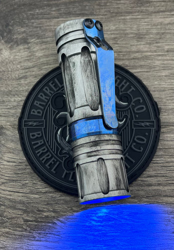 BATTLE DRIOD BARREL Birdcage Non Vented Aluminum Rail with Dragon Driver with Blue Secondary with Battle Distressed Blue Ano Ti Ring and Clip