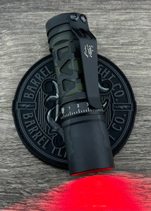 Barrel 3 Picatinny Non Vented Aluminum Rail Black MultiCam Dragon Driver with Red Secondary. Black Cerakote Turret Ring and BF logo Clip.