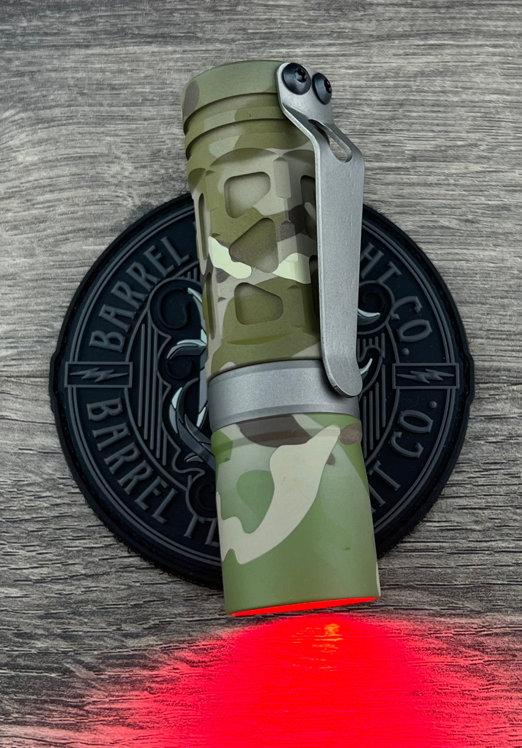 Barrel 3 Picatinny Non Vented Aluminum Rail MultiCam Dragon Driver with Red Secondary. Grey Cerakote Ring and Clip.