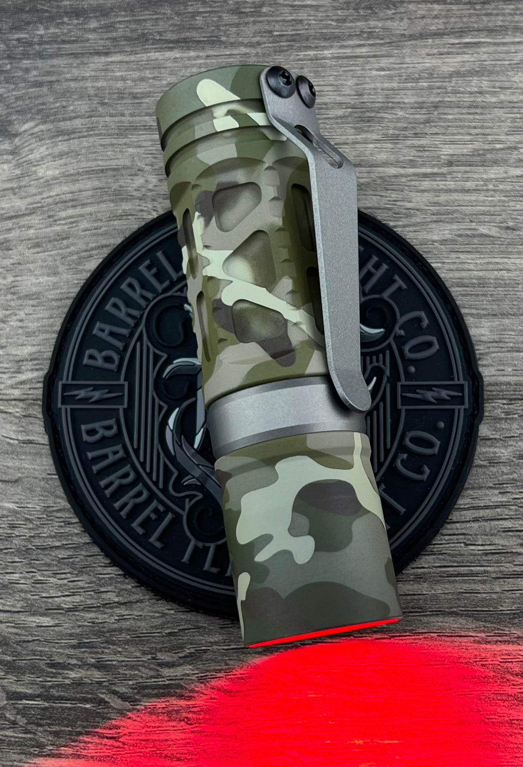 Barrel 6 Picatinny Non Vented Aluminum Rail MultiCam Dragon Driver with Red Secondary. Grey Cerakote Ring and Clip.