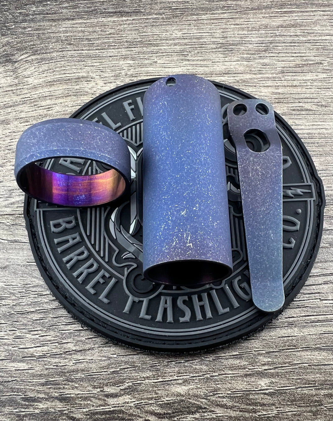 Nebula Set: Dark Blue Ano with Battle Finish Titanium Ring, Sleeve and standard bent clip set